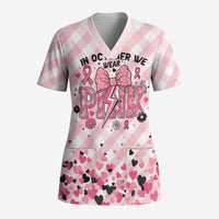 Personalized In October We Wear Pink Scrub Top Pink Pretty Bow Pastel Gingham - Wonder Print Shop