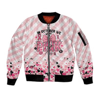 Personalized In October We Wear Pink Sleeve Zip Bomber Jacket Pink Pretty Bow Pastel Gingham - Wonder Print Shop