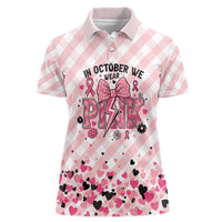 Personalized In October We Wear Pink Women Polo Shirt Pink Pretty Bow Pastel Gingham - Wonder Print Shop