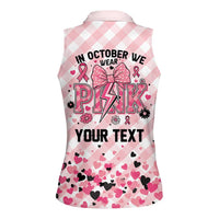 Personalized In October We Wear Pink Women Sleeveless Polo Shirt Pink Pretty Bow Pastel Gingham - Wonder Print Shop