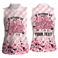 Personalized In October We Wear Pink Women Sleeveless Polo Shirt Pink Pretty Bow Pastel Gingham - Wonder Print Shop