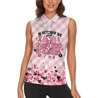 Personalized In October We Wear Pink Women Sleeveless Polo Shirt Pink Pretty Bow Pastel Gingham - Wonder Print Shop