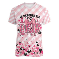 Personalized In October We Wear Pink Women V-Neck T-Shirt Pink Pretty Bow Pastel Gingham - Wonder Print Shop