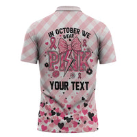 Personalized In October We Wear Pink Zipper Polo Shirt Pink Pretty Bow Pastel Gingham - Wonder Print Shop