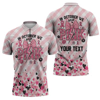 Personalized In October We Wear Pink Zipper Polo Shirt Pink Pretty Bow Pastel Gingham - Wonder Print Shop