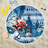 Custom Louisiana Christmas Beach Blanket Santa Claus Riding Motorcycle With Pelican - Wonder Print Shop