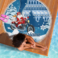 Custom Louisiana Christmas Beach Blanket Santa Claus Riding Motorcycle With Pelican - Wonder Print Shop
