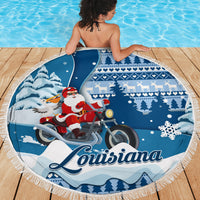 Custom Louisiana Christmas Beach Blanket Santa Claus Riding Motorcycle With Pelican - Wonder Print Shop