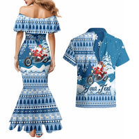 Custom Louisiana Christmas Couples Matching Mermaid Dress and Hawaiian Shirt Santa Claus Riding Motorcycle With Pelican - Wonder Print Shop