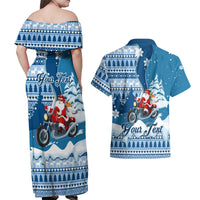 Custom Louisiana Christmas Couples Matching Off Shoulder Maxi Dress and Hawaiian Shirt Santa Claus Riding Motorcycle With Pelican - Wonder Print Shop