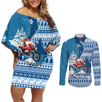 Custom Louisiana Christmas Couples Matching Off Shoulder Short Dress and Long Sleeve Button Shirt Santa Claus Riding Motorcycle With Pelican - Wonder Print Shop