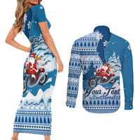 Custom Louisiana Christmas Couples Matching Short Sleeve Bodycon Dress and Long Sleeve Button Shirt Santa Claus Riding Motorcycle With Pelican - Wonder Print Shop