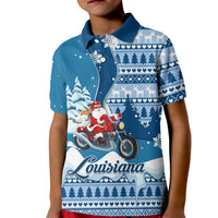 Custom Louisiana Christmas Kid Polo Shirt Santa Claus Riding Motorcycle With Pelican - Wonder Print Shop