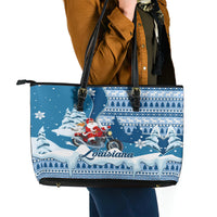 Custom Louisiana Christmas Leather Tote Bag Santa Claus Riding Motorcycle With Pelican - Wonder Print Shop