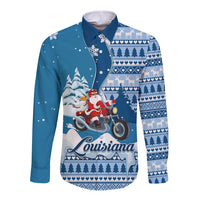 Custom Louisiana Christmas Long Sleeve Button Shirt Santa Claus Riding Motorcycle With Pelican - Wonder Print Shop