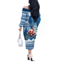 Custom Louisiana Christmas Off The Shoulder Long Sleeve Dress Santa Claus Riding Motorcycle With Pelican - Wonder Print Shop