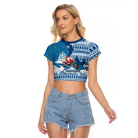 Custom Louisiana Christmas Raglan Cropped T Shirt Santa Claus Riding Motorcycle With Pelican - Wonder Print Shop