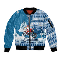Custom Louisiana Christmas Sleeve Zip Bomber Jacket Santa Claus Riding Motorcycle With Pelican - Wonder Print Shop
