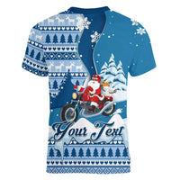 Custom Louisiana Christmas Women V Neck T Shirt Santa Claus Riding Motorcycle With Pelican - Wonder Print Shop