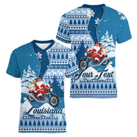 Custom Louisiana Christmas Women V Neck T Shirt Santa Claus Riding Motorcycle With Pelican - Wonder Print Shop