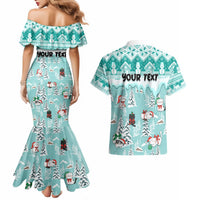 Custom Cat Christmas Couples Matching Mermaid Dress and Hawaiian Shirt Cat With Snowman In Winter Scene - Wonder Print Shop