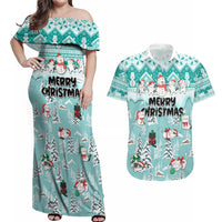 Custom Cat Christmas Couples Matching Off Shoulder Maxi Dress and Hawaiian Shirt Cat With Snowman In Winter Scene - Wonder Print Shop