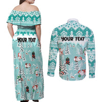 Custom Cat Christmas Couples Matching Off Shoulder Maxi Dress and Long Sleeve Button Shirt Cat With Snowman In Winter Scene - Wonder Print Shop