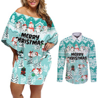 Custom Cat Christmas Couples Matching Off Shoulder Short Dress and Long Sleeve Button Shirt Cat With Snowman In Winter Scene - Wonder Print Shop