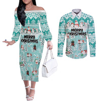 custom-cat-christmas-couples-matching-off-the-shoulder-long-sleeve-dress-and-long-sleeve-button-shirt-cat-with-snowman-in-winter-scene