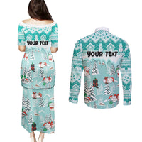 Custom Cat Christmas Couples Matching Puletasi Dress and Long Sleeve Button Shirt Cat With Snowman In Winter Scene - Wonder Print Shop