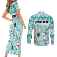 Custom Cat Christmas Couples Matching Short Sleeve Bodycon Dress and Long Sleeve Button Shirt Cat With Snowman In Winter Scene - Wonder Print Shop