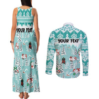 Custom Cat Christmas Couples Matching Tank Maxi Dress and Long Sleeve Button Shirt Cat With Snowman In Winter Scene - Wonder Print Shop