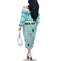 Custom Cat Christmas Family Matching Off Shoulder Long Sleeve Dress and Hawaiian Shirt Cat With Snowman In Winter Scene - Wonder Print Shop