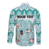 Custom Cat Christmas Long Sleeve Button Shirt Cat With Snowman In Winter Scene - Wonder Print Shop