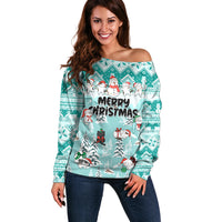 Custom Cat Christmas Off Shoulder Sweater Cat With Snowman In Winter Scene - Wonder Print Shop