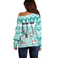 Custom Cat Christmas Off Shoulder Sweater Cat With Snowman In Winter Scene - Wonder Print Shop