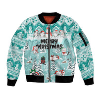 Custom Cat Christmas Sleeve Zip Bomber Jacket Cat With Snowman In Winter Scene - Wonder Print Shop