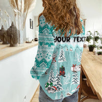 Custom Cat Christmas Women Casual Shirt Cat With Snowman In Winter Scene - Wonder Print Shop