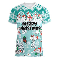 Custom Cat Christmas Women V Neck T Shirt Cat With Snowman In Winter Scene - Wonder Print Shop