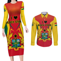 Ghana Football Couples Matching Long Sleeve Bodycon Dress and Long Sleeve Button Shirt I Love Black Stars - Wonder Print Shop