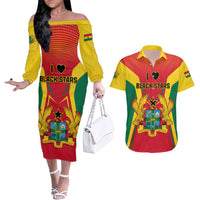 Ghana Football Couples Matching Off The Shoulder Long Sleeve Dress and Hawaiian Shirt I Love Black Stars - Wonder Print Shop