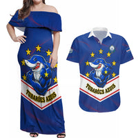 Cape Verde Football Couples Matching Off Shoulder Maxi Dress and Hawaiian Shirt Come On Tubaroes Azuis - Wonder Print Shop
