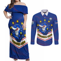 Cape Verde Football Couples Matching Off Shoulder Maxi Dress and Long Sleeve Button Shirt Come On Tubaroes Azuis - Wonder Print Shop