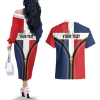 Personalized Dominican Republic 1844 Couples Matching Off The Shoulder Long Sleeve Dress and Hawaiian Shirt Coat Of Arms Zipper Stylized