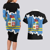 Aruba Dushi Tera Couples Matching Long Sleeve Bodycon Dress and Hawaiian Shirt Coat Of Arms Torn Paper Stylized