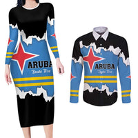 Aruba Dushi Tera Couples Matching Long Sleeve Bodycon Dress and Long Sleeve Button Shirt Coat Of Arms Torn Paper Stylized