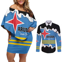 Aruba Dushi Tera Couples Matching Off Shoulder Short Dress and Long Sleeve Button Shirt Coat Of Arms Torn Paper Stylized