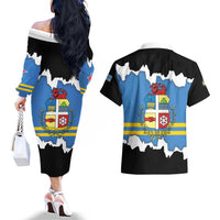 Aruba Dushi Tera Couples Matching Off The Shoulder Long Sleeve Dress and Hawaiian Shirt Coat Of Arms Torn Paper Stylized