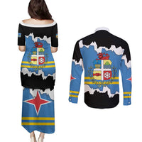 Aruba Dushi Tera Couples Matching Puletasi and Long Sleeve Button Shirt Coat Of Arms Torn Paper Stylized