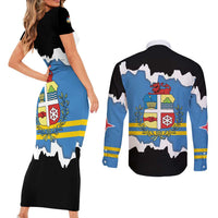 Aruba Dushi Tera Couples Matching Short Sleeve Bodycon Dress and Long Sleeve Button Shirt Coat Of Arms Torn Paper Stylized